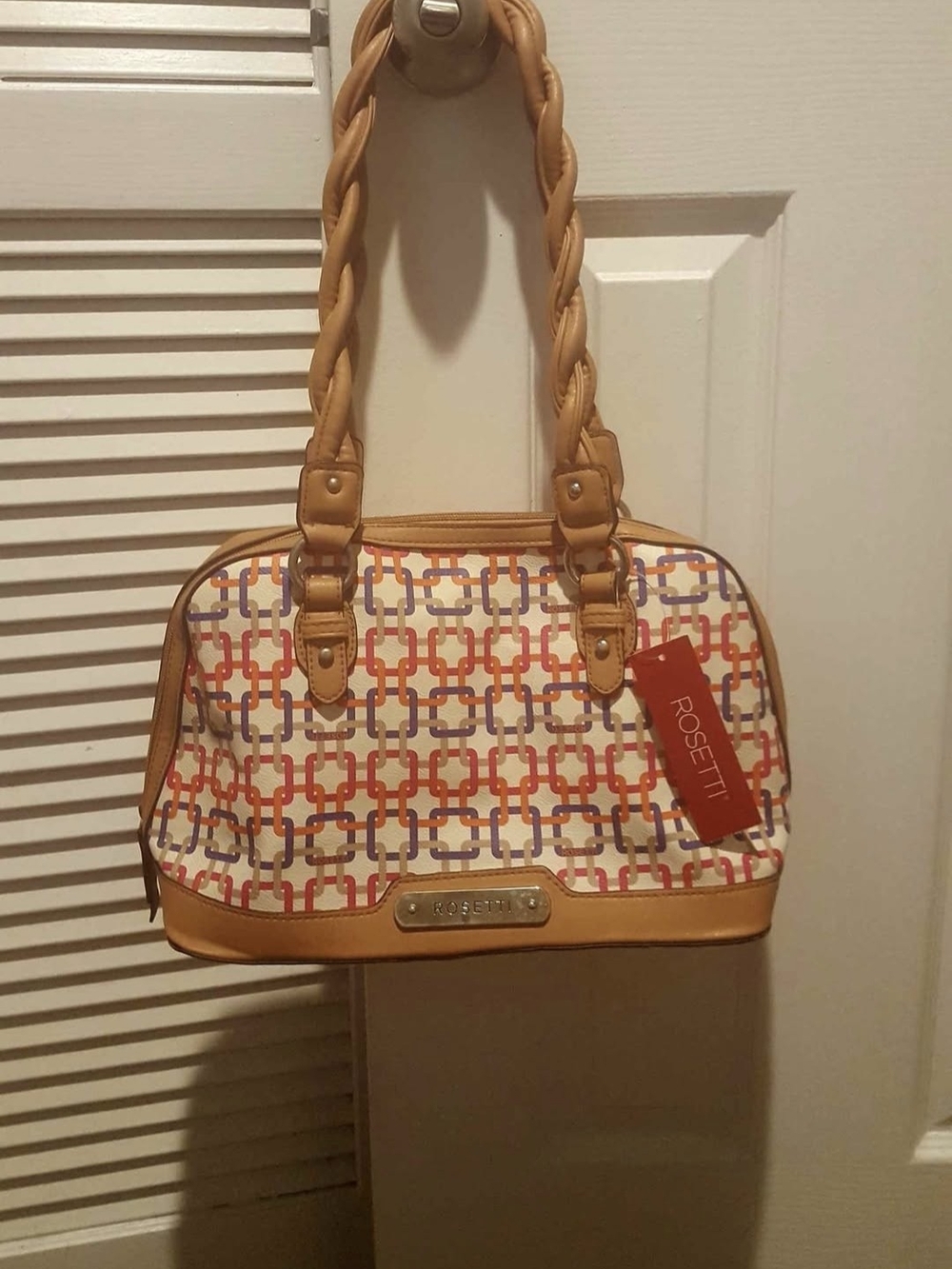 Rosetti Multicolor Geometric Pattern Satchel with Tan Trim